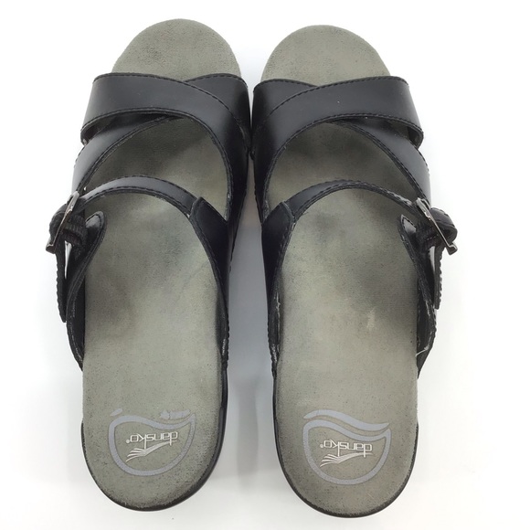 Dansko Black Leather Sela Pull Up Slide Sandal - Picture 2 of 15